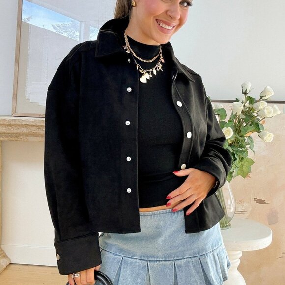 Women's Suede Shirt Jacket Top | Button Down Long Sleeve | Black - Picture 1 of 9